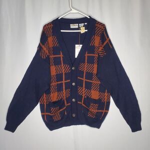 Peninsula‎ NOS Cardigan Men Medium Plaid Button Silk Cotton 90s Grunge Cobain